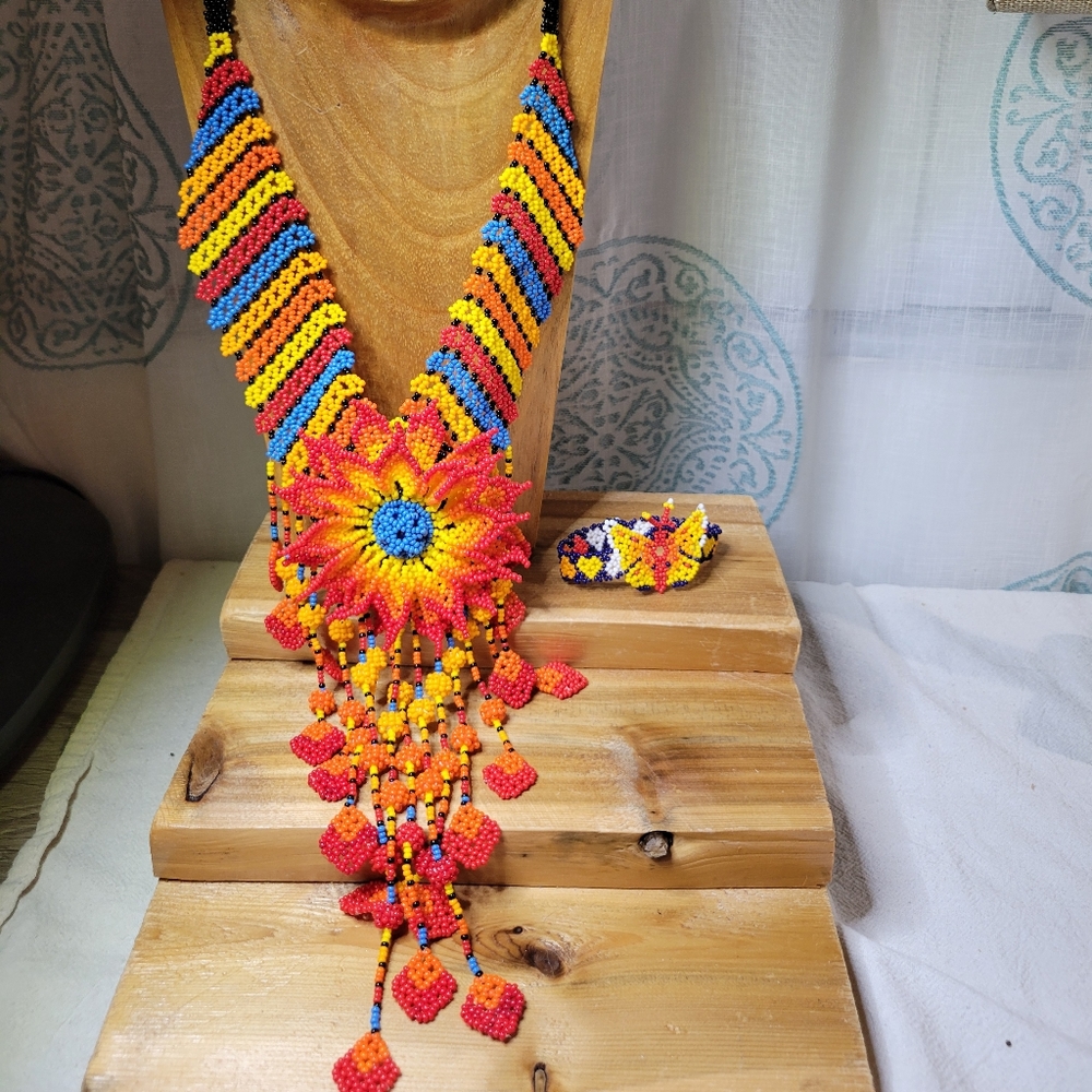 Huichol Beaded Flower Necklace & Butterfly Bracelet Set Handmade in Mexico